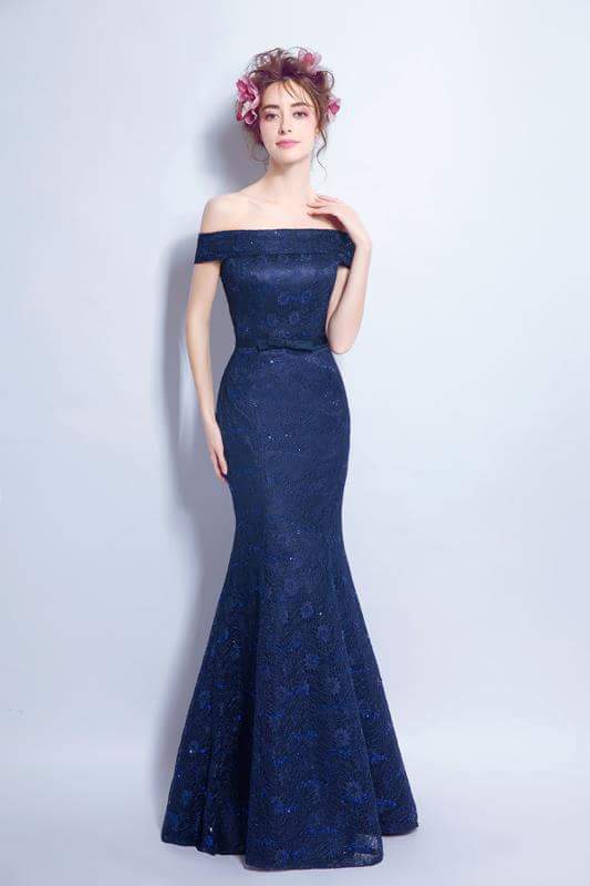Navy Off-Shoulder Lace Mermaid Gown