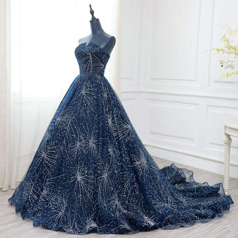 Navy Starburst Glitter Ball Gown – Navy blue glitter ball gown with fireworks pattern