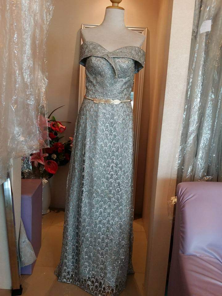 Silver Off-Shoulder Glitter Dress with Belt