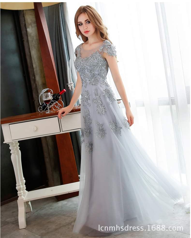 Grey Floral Embroidered Long Dress