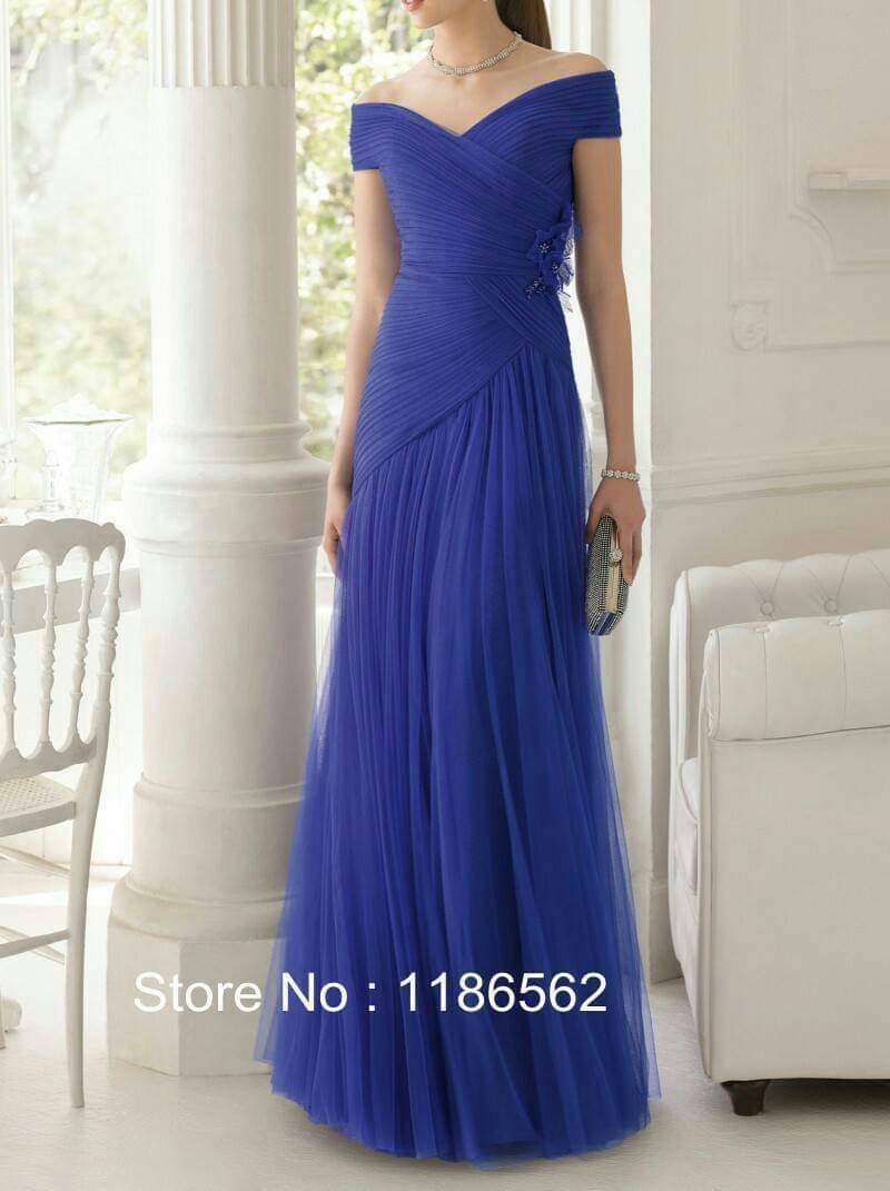 เดรสยาวเปิดไหล่ผ้าชีฟองสีน้ำเงิน / Royal Blue Off-Shoulder Long Chiffon Dress