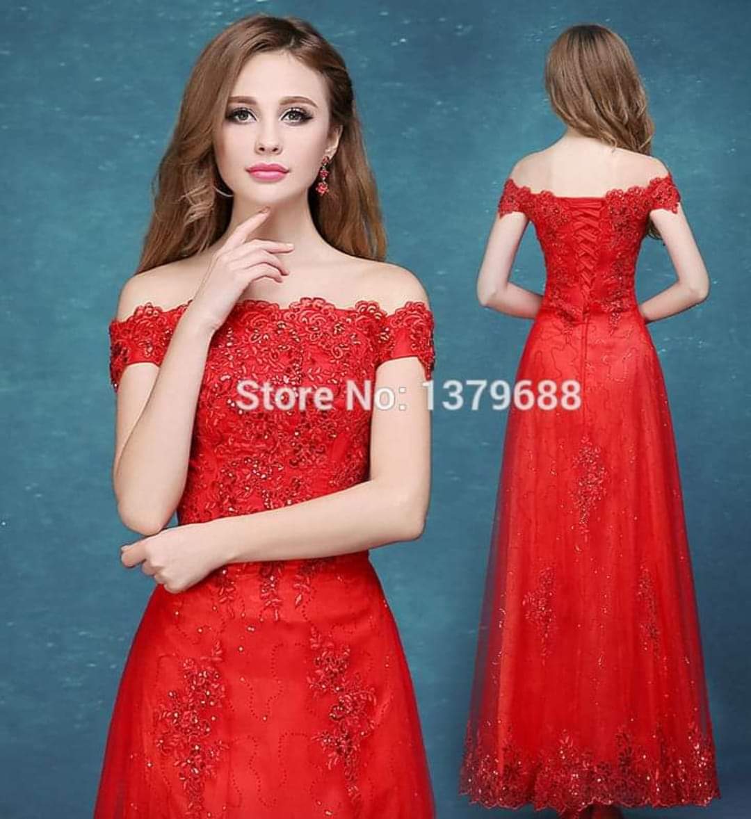 Red Off-Shoulder Embroidered Lace Long Dress