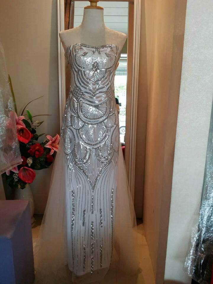 Silver Sequin Art-Deco Strapless Gown