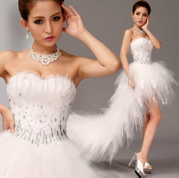 Hi-Low Feathered White Gown