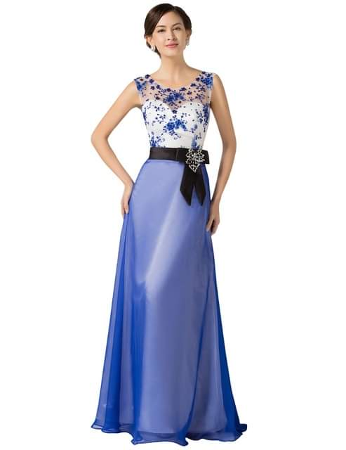 ชุดราตรีลายดอกคอซีทรูสีขาวน้ำเงิน | Floral Mesh Neckline Dress - Blue & White