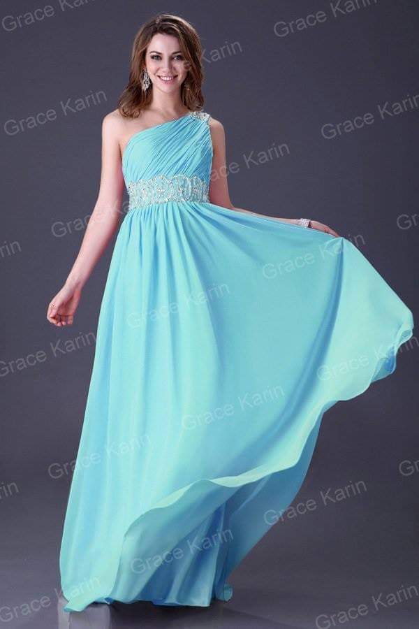 Mint Green One-Shoulder Gown | Mint green long evening gown with one shoulder and crystal embellishment