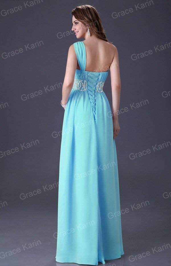 Mint Green One-Shoulder Gown | Mint green long evening gown with one shoulder and crystal embellishment