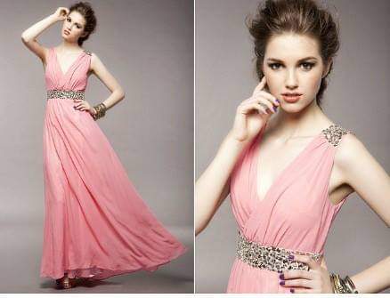 ピンクのVネックビーズドレス | 深いネックラインとクリスタルの装飾が施されたピンクのロングイブニングドレス