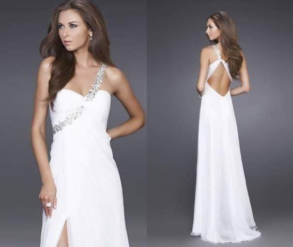 White Crystal One-Shoulder Gown | White long evening gown with one shoulder and crystal details