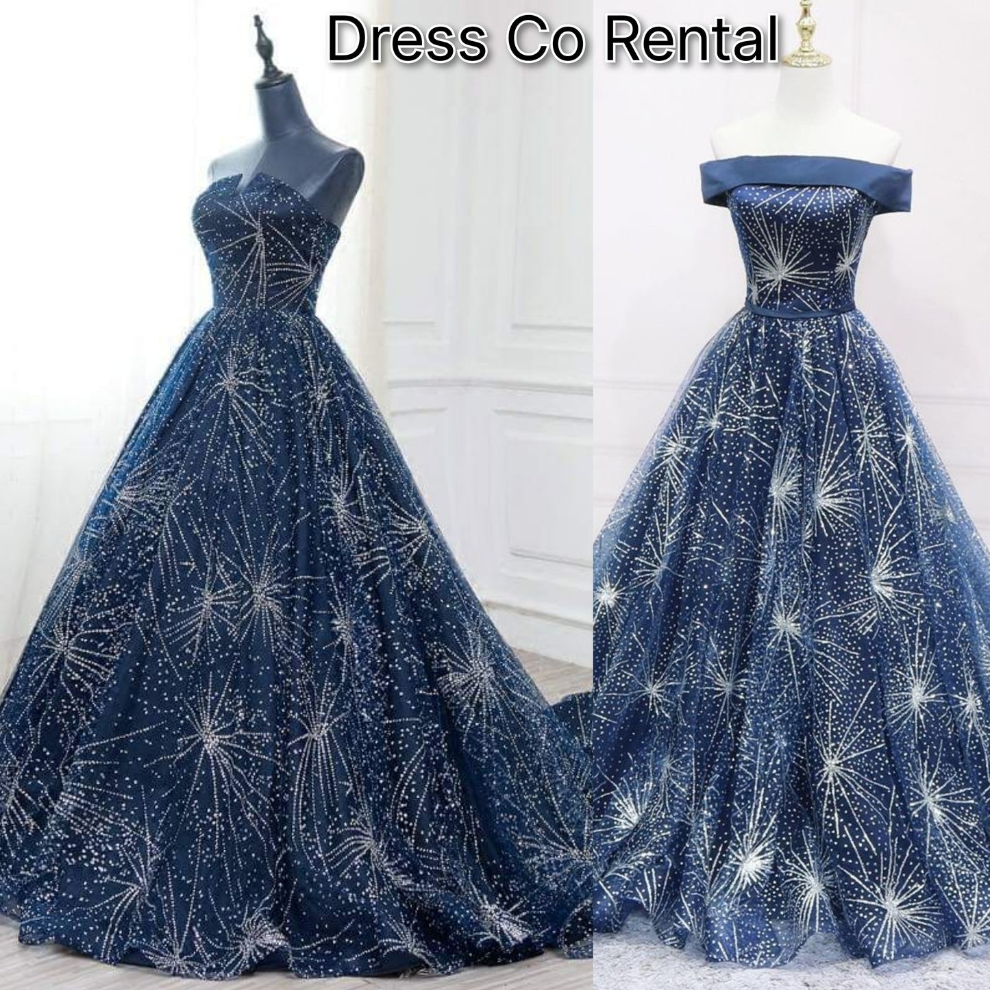 Navy Starburst Glitter Ball Gown – Navy blue glitter ball gown with fireworks pattern