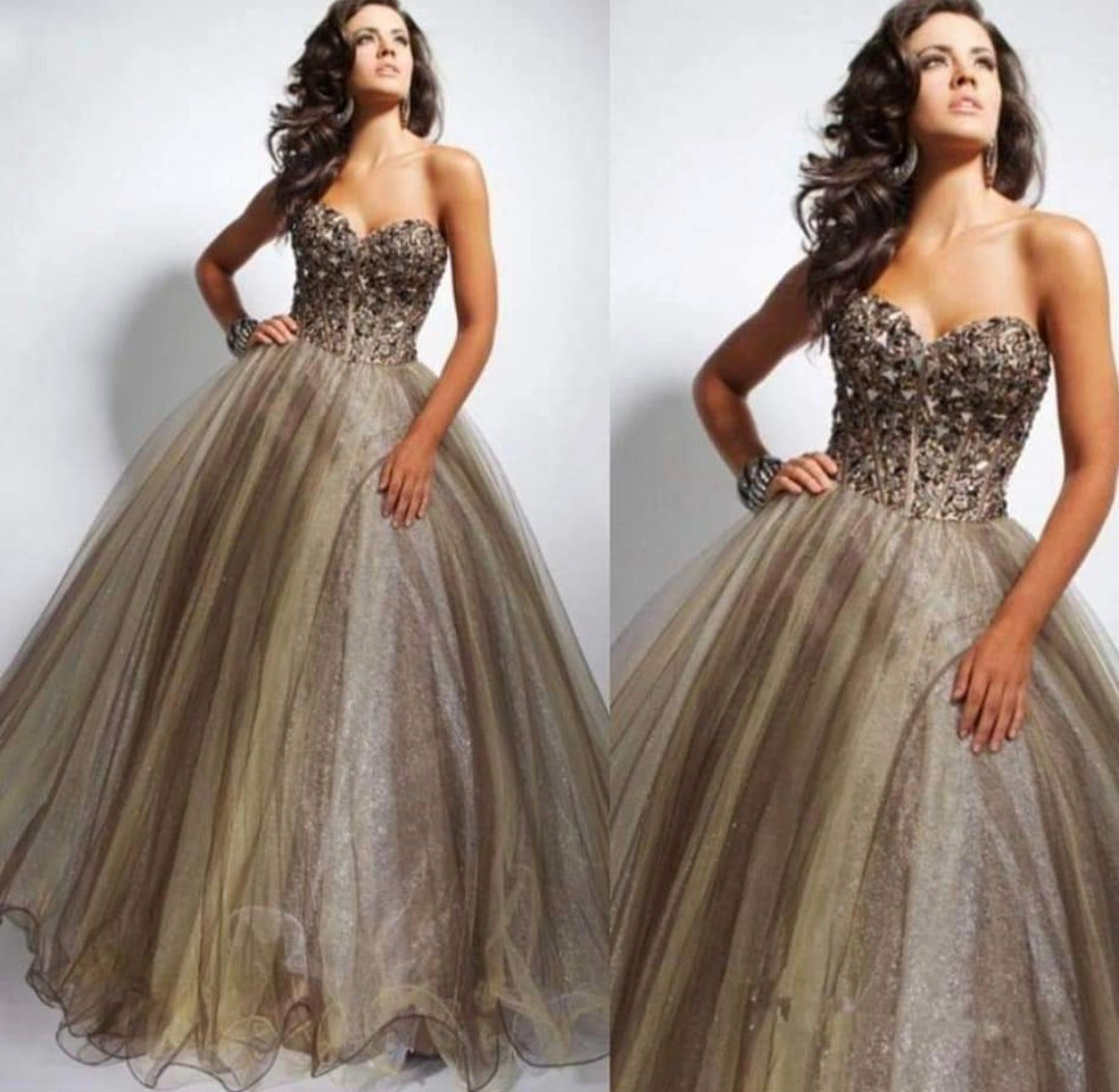 Gold-Brown Sequin Ball Gown Dress / ชุดเดรสบอลยาวสีทองน้ำตาล ปักเลื่อมหรู