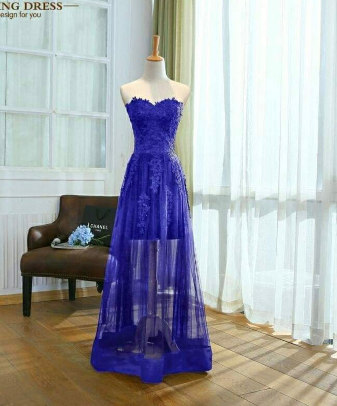 ชุดราตรีลูกไม้ซีทรูสีน้ำเงิน | Lace Sheer Evening Dress - Blue
