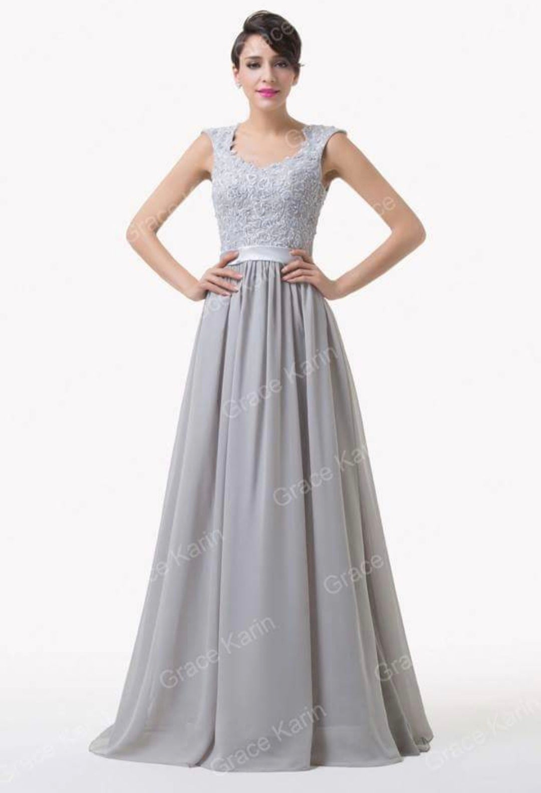 Grey Lace & Chiffon Long Dress