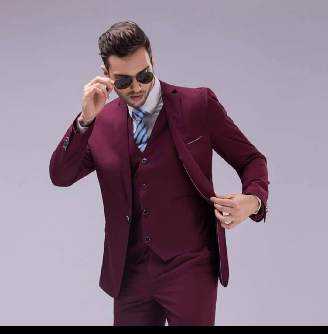 Maroon 3-Piece Suit with Vest and Tie