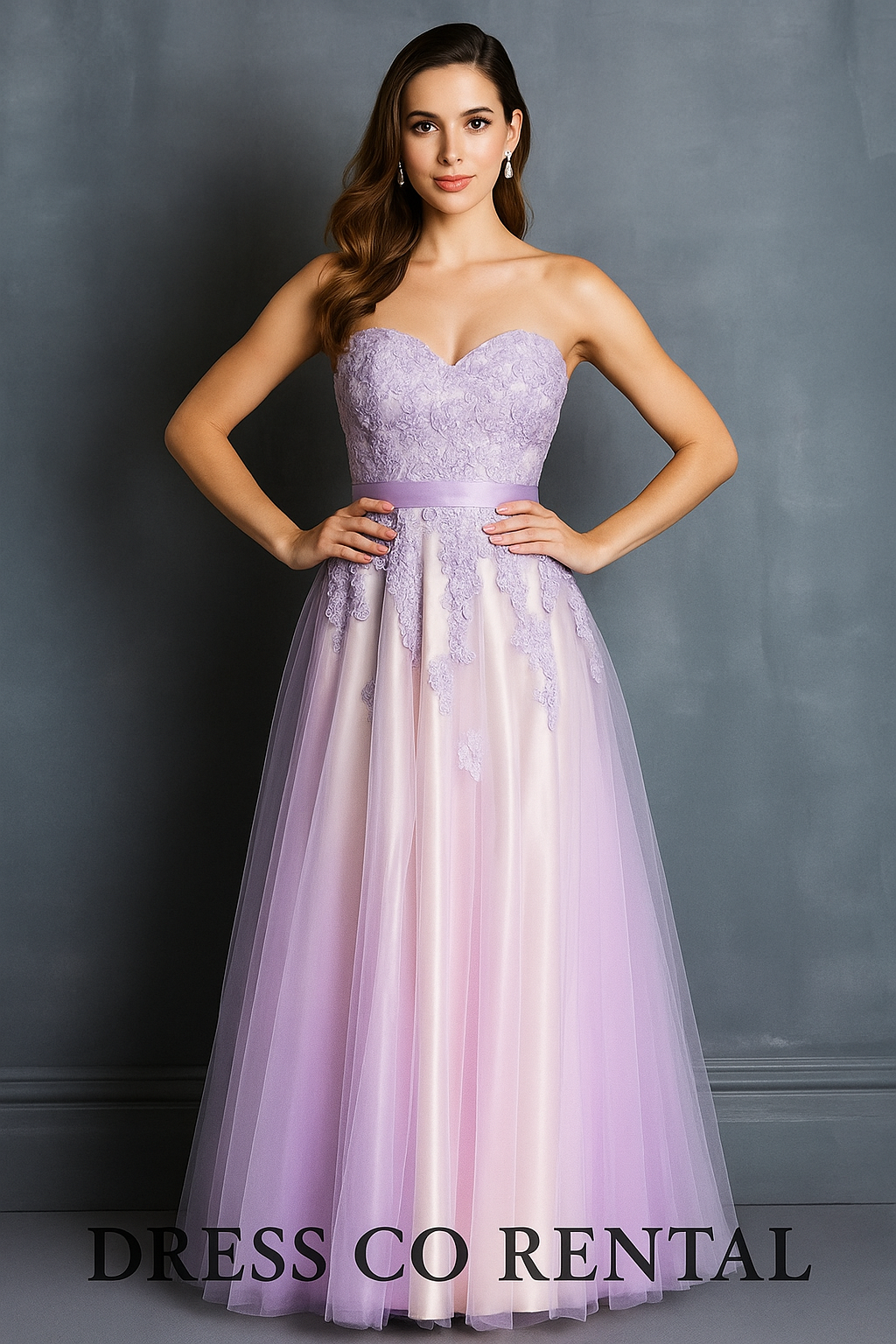 Pastel purple and pink gradient lace strapless long evening dress