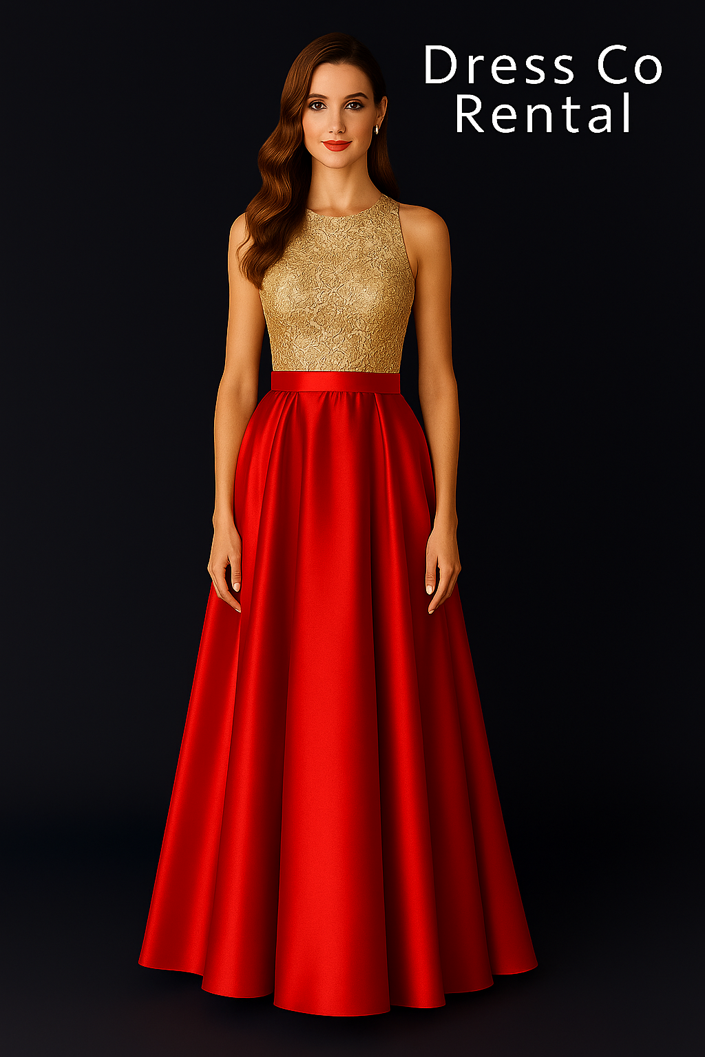 Two-tone long evening dress, gold lace top, red skirt bottom