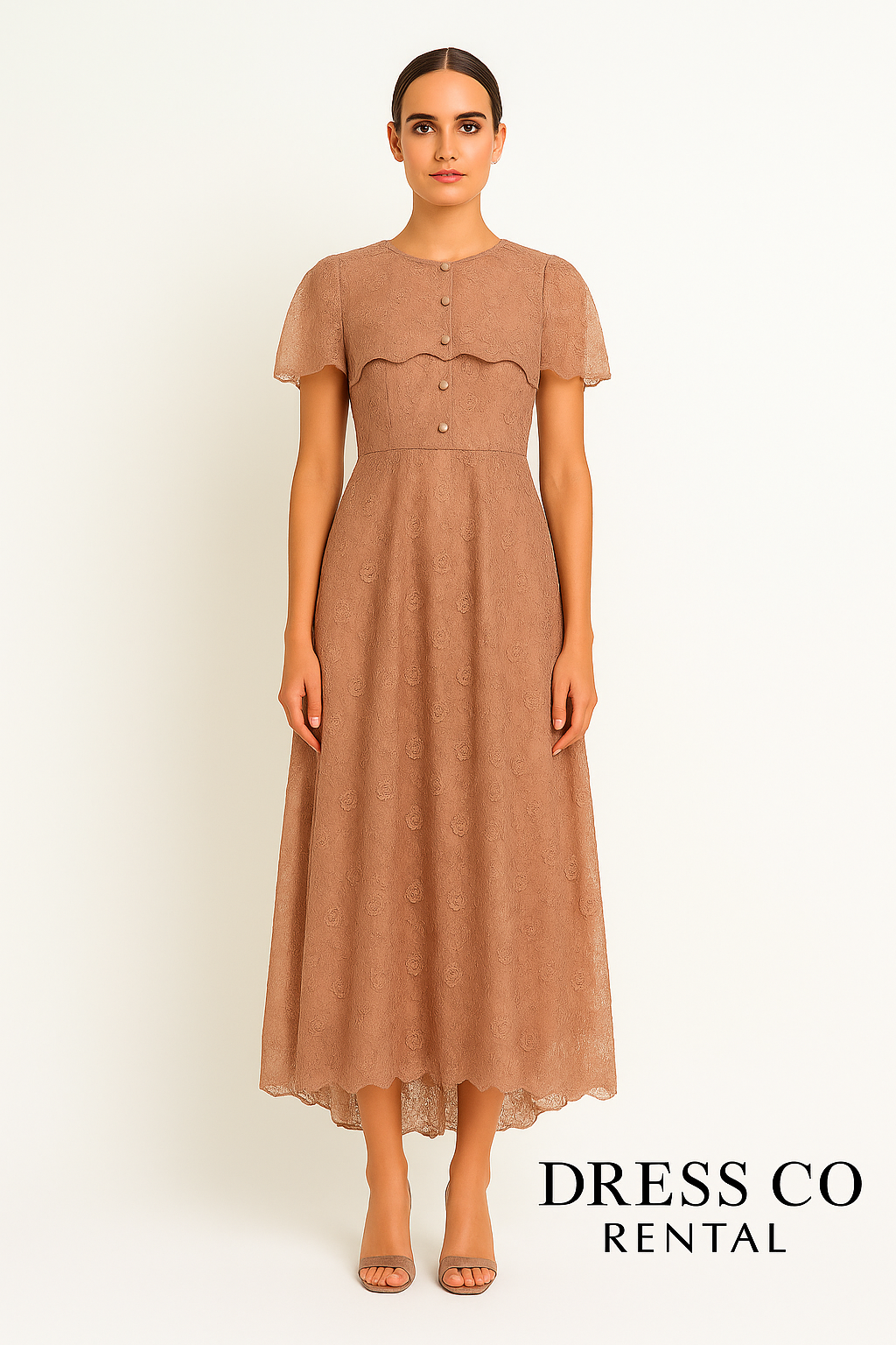 Brown evening dress with closed neck and short sleeves, embroidered lace fabric
