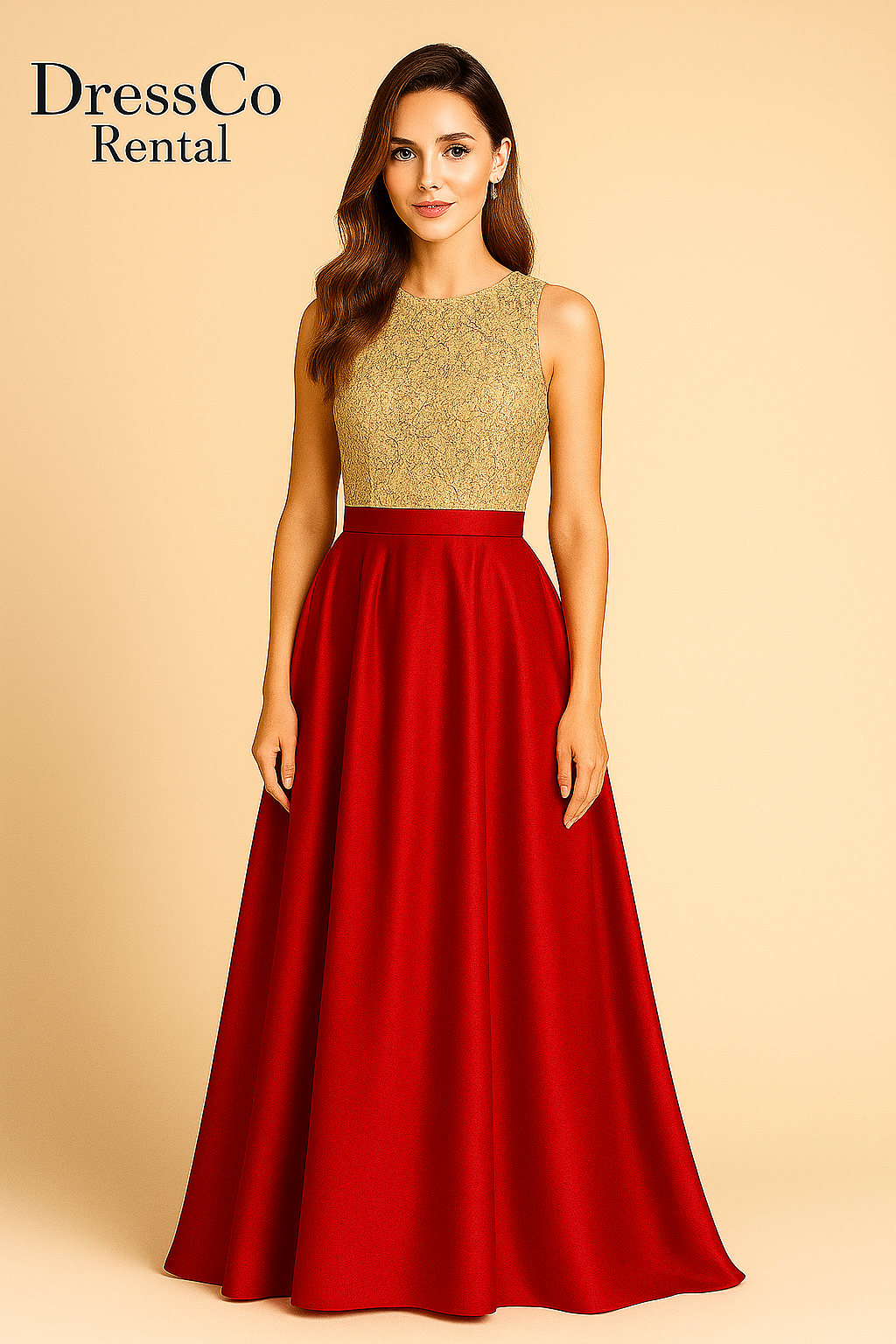 Two-tone long evening dress, gold lace top, red skirt bottom