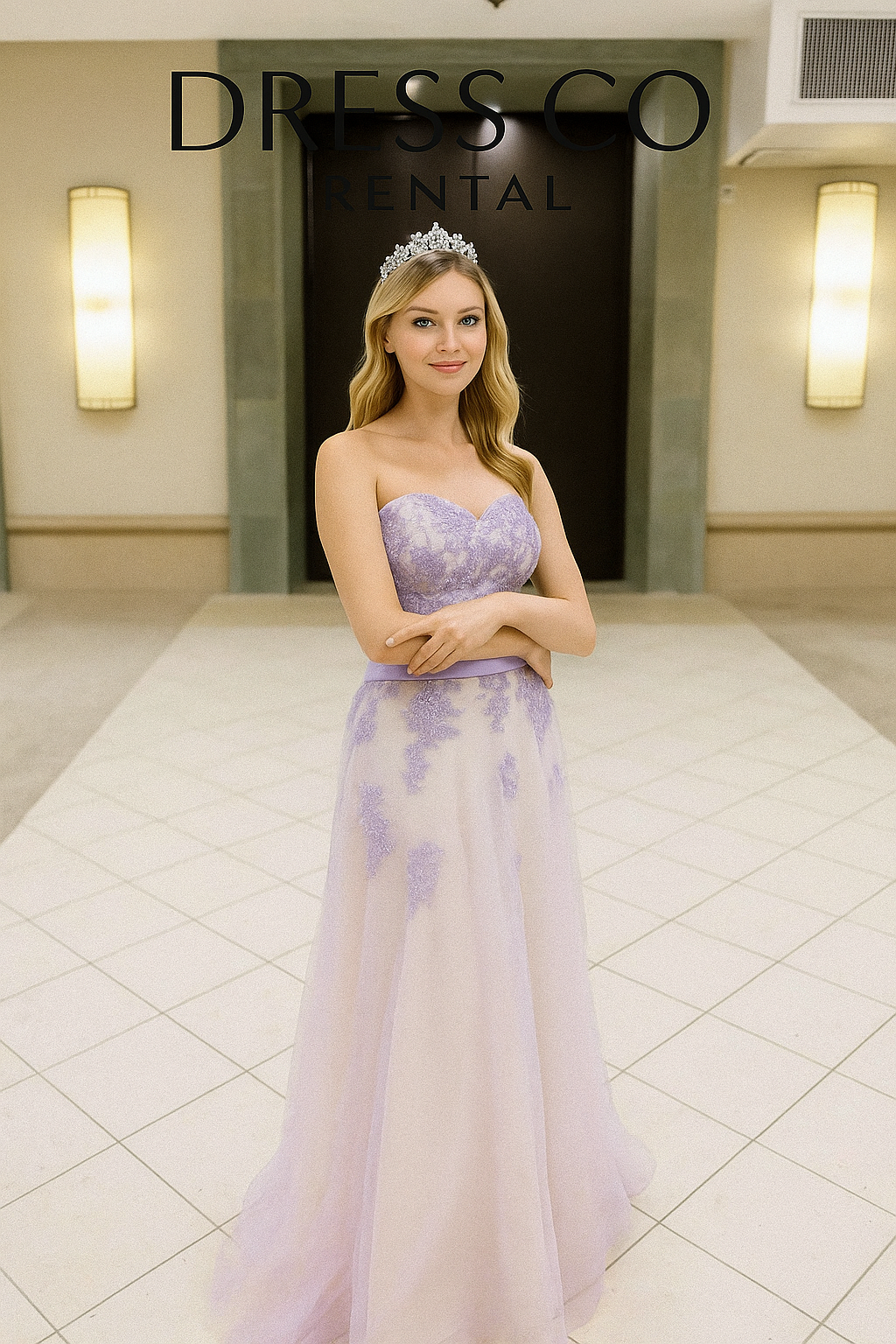 Pastel purple and pink gradient lace strapless long evening dress