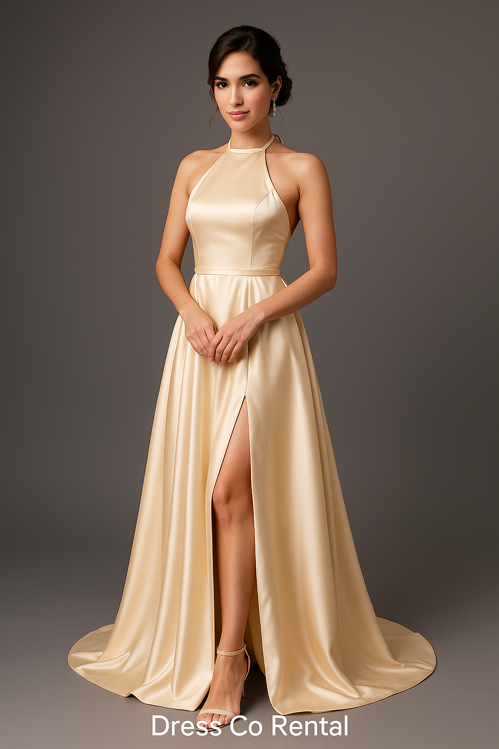 Long evening dress with a halter neck, cream gold color, elegant slit at the leg