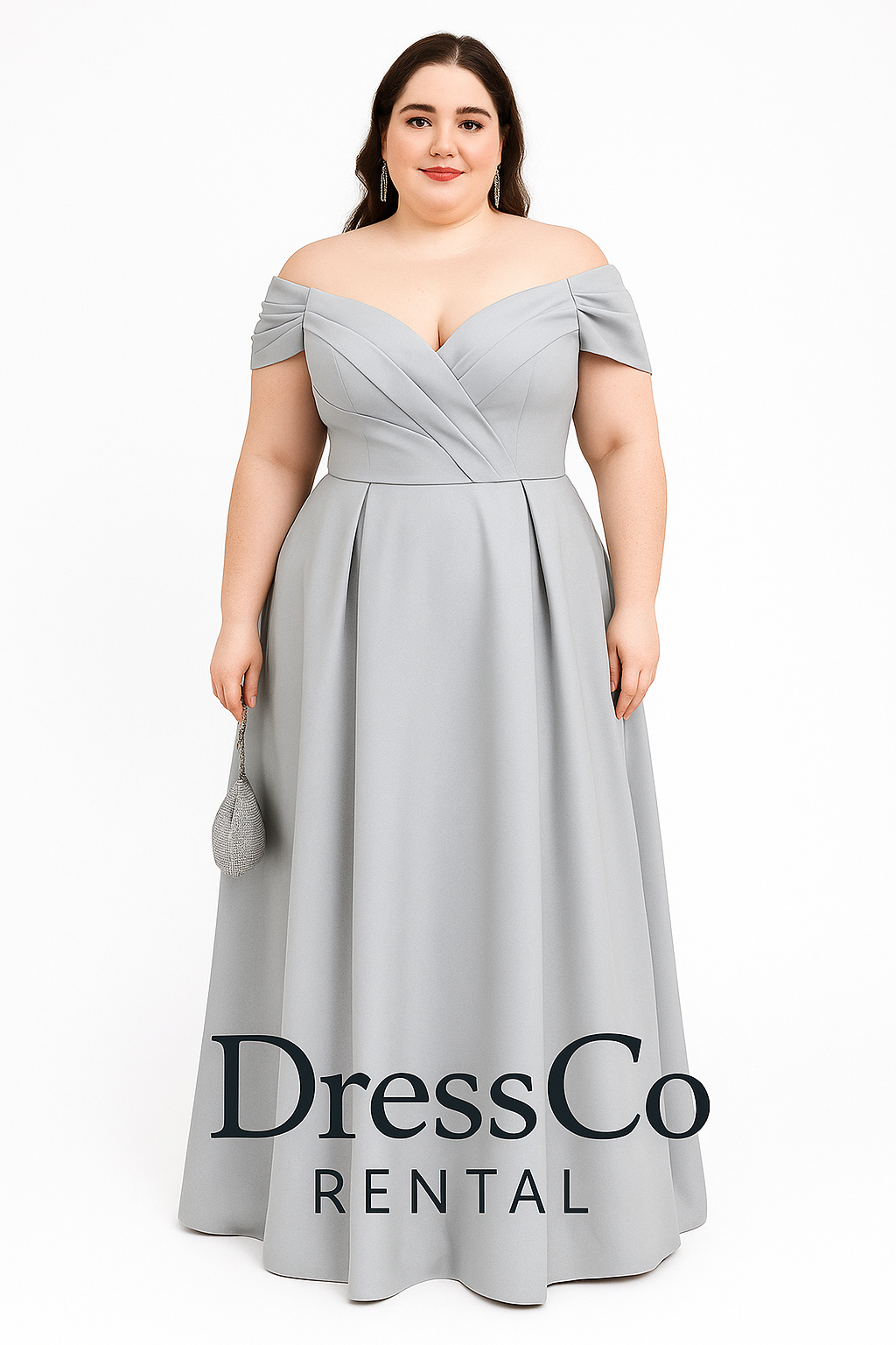 ชุดราตรีเปิดไหล่สีเทาเรียบหรู | Silver Elegant Cold-Shoulder Gown