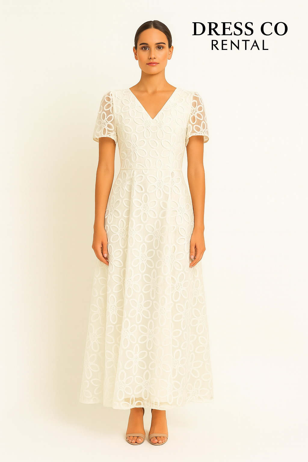 White lace dress with V-neck and short sleeves
