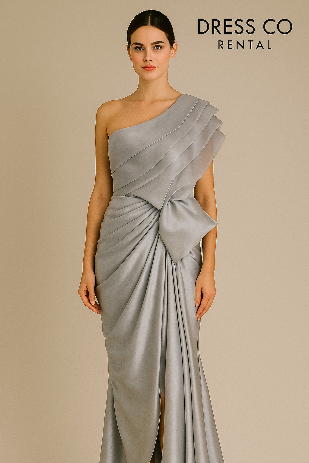 ชื่อสินค้า (TH): ชุดราตรีสีเทาเงินไหล่เดี่ยวแต่งโบว์หรู ชื่อสินค้า (EN): Silver One-Shoulder Evening Gown with Elegant Bow