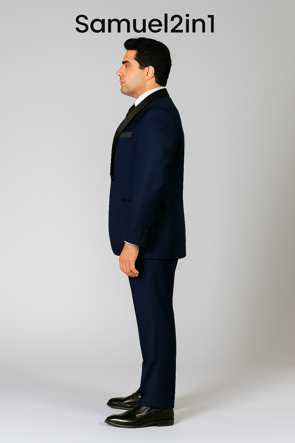 สูทเช่าตัดใหม่ สีกรม ไซส์ใหญ่ 3XL–6XL – คอปกซาติน Navy Plus-Size Suit (3XL–6XL) with Satin Lapel