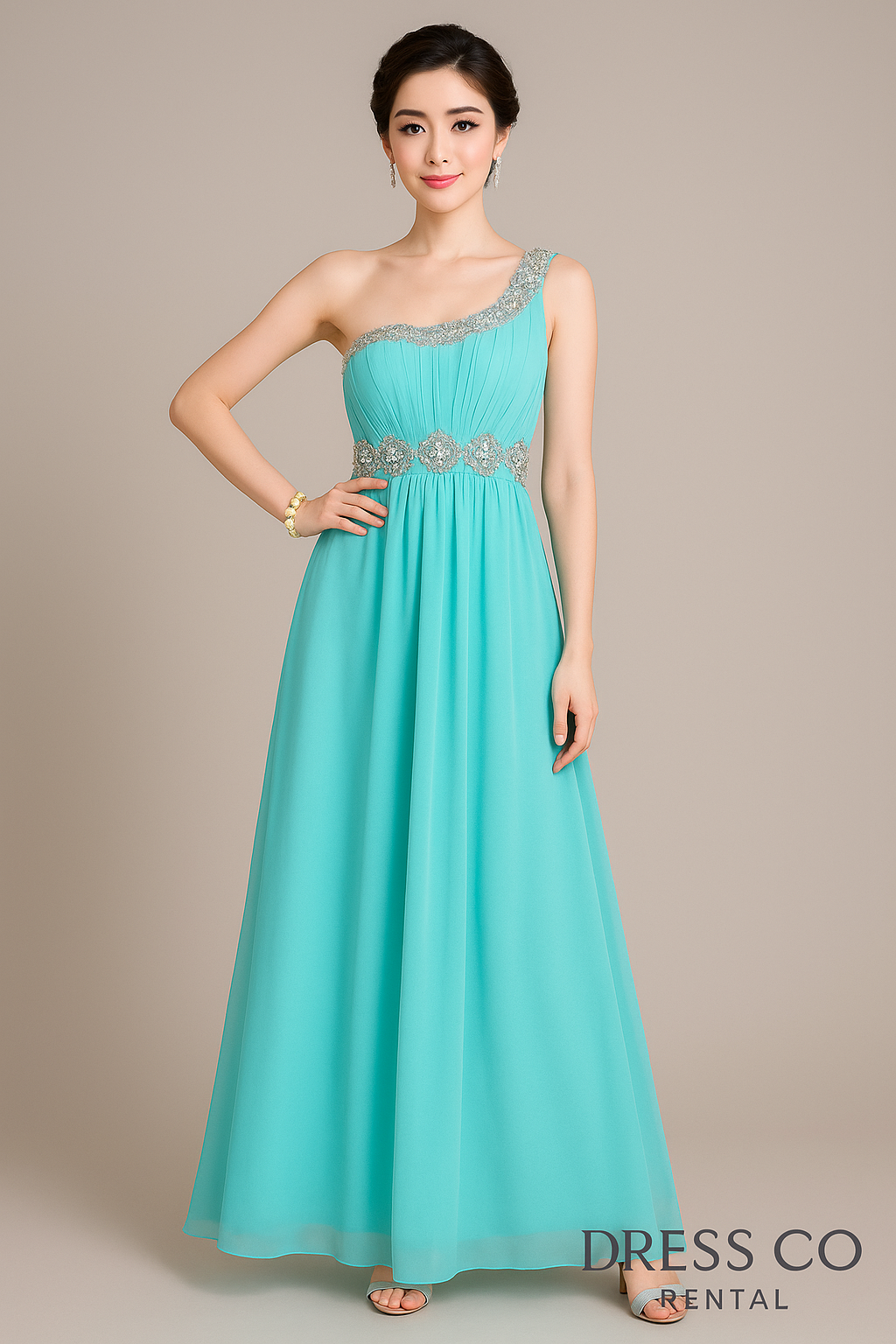 Blue chiffon diamond-embellished one-shoulder long dress