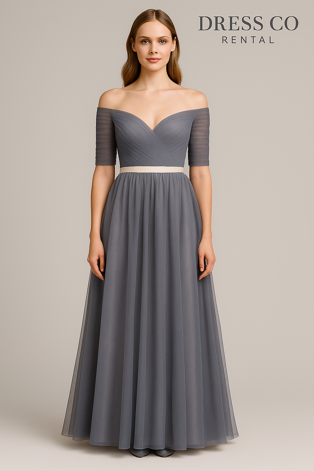 Off-shoulder evening dress in dark green with a cream sash