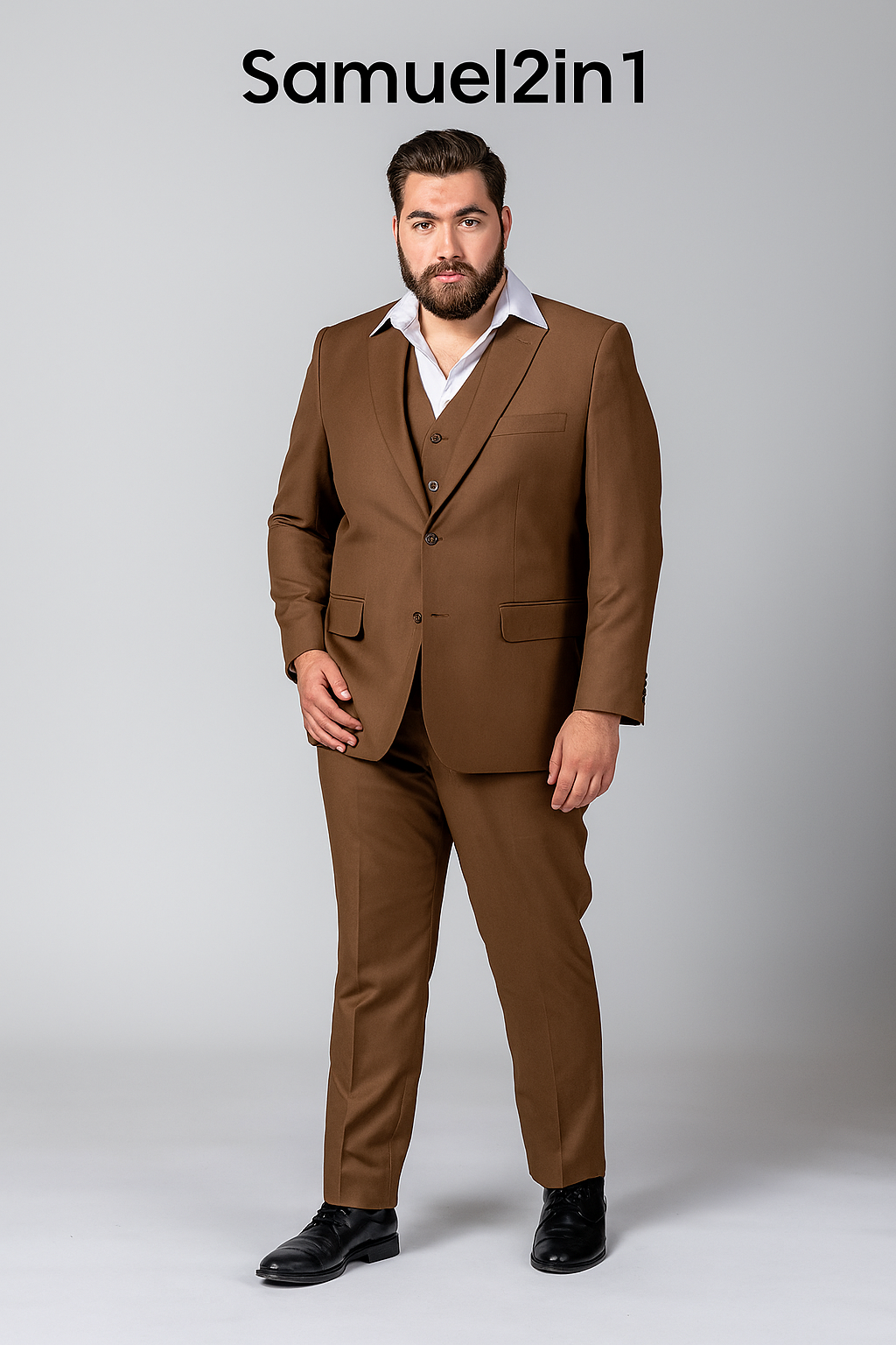 仕立てたてのブラウンスーツ(3XL~6XL)-ノッチラペル、フラップポケット