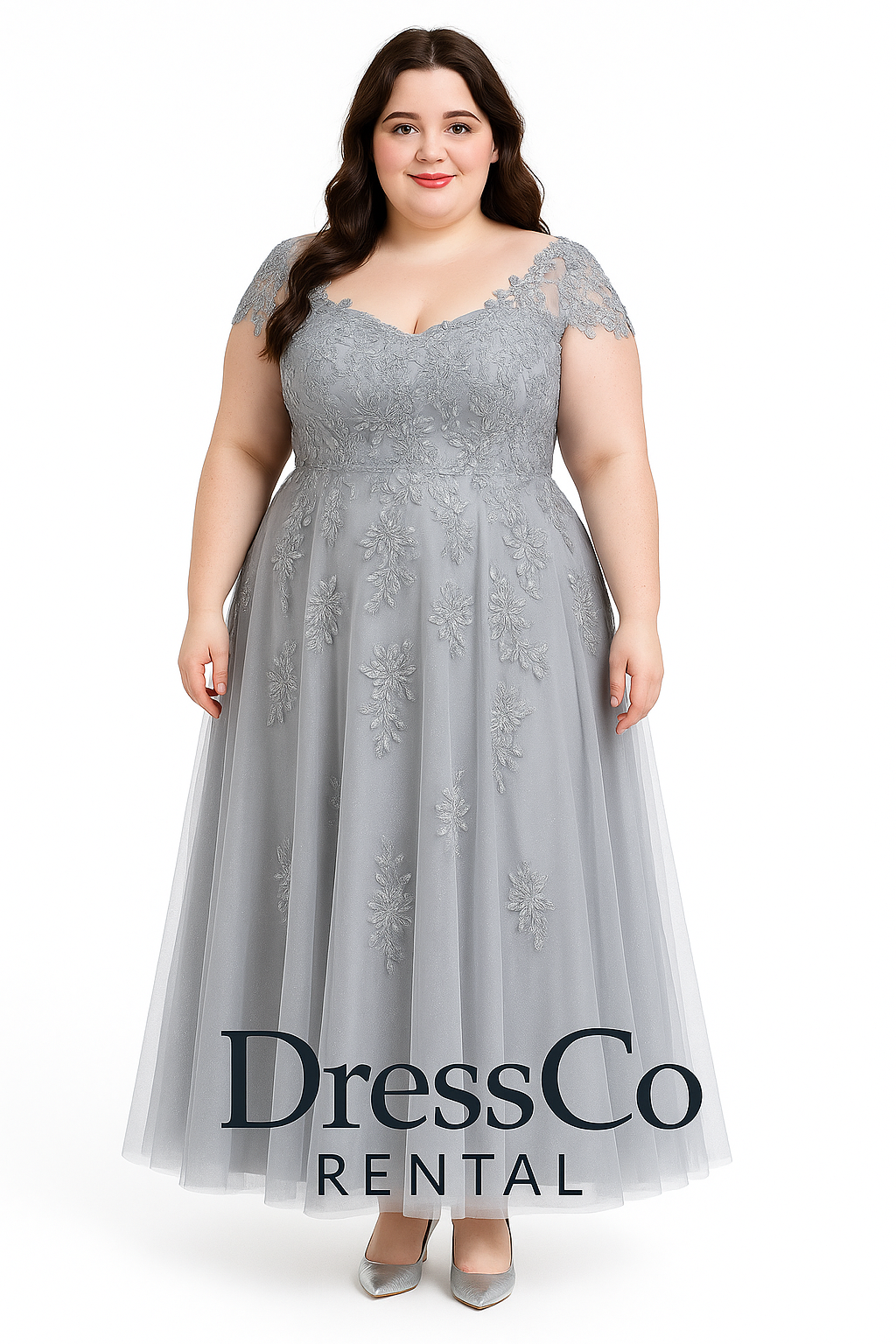 Grey Floral Embroidered Long Dress