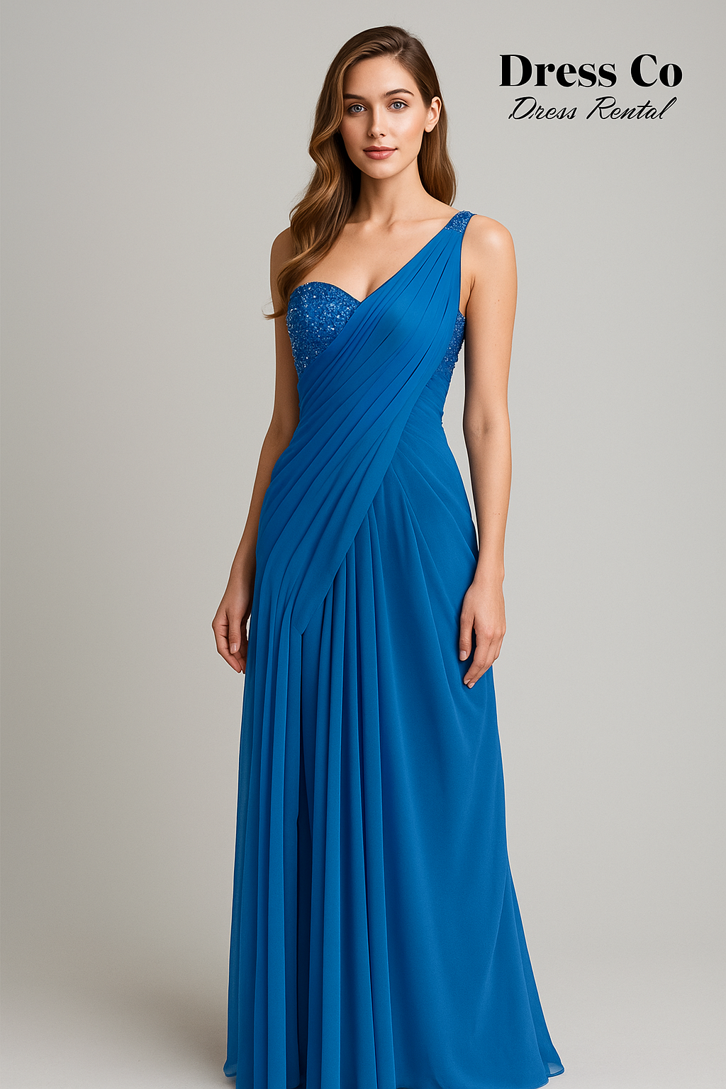 ชุดราตรีไหล่เดี่ยวปักเลื่อม | One-Shoulder Blue Sequin Evening Dress
