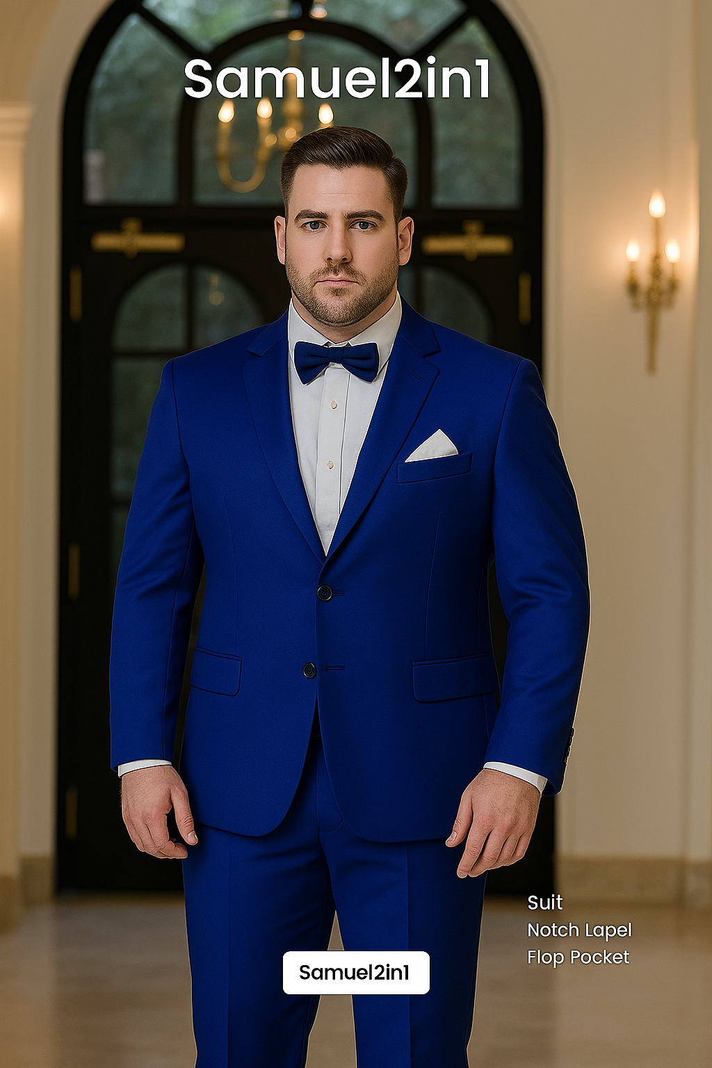 สูทเช่าตัดใหม่ สีน้ำเงิน ไซส์ใหญ่ – ปกบั้ง กระเป๋าฝาปิด Royal Blue Plus-Size Suit – Notch Lapel with Flap Pockets