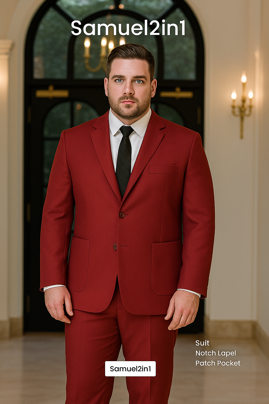 สูทเช่าตัดใหม่ สีแดงไวน์ ไซส์ใหญ่ – กระเป๋าแปะ Wine Red Plus-Size Suit – Patch Pocket Design