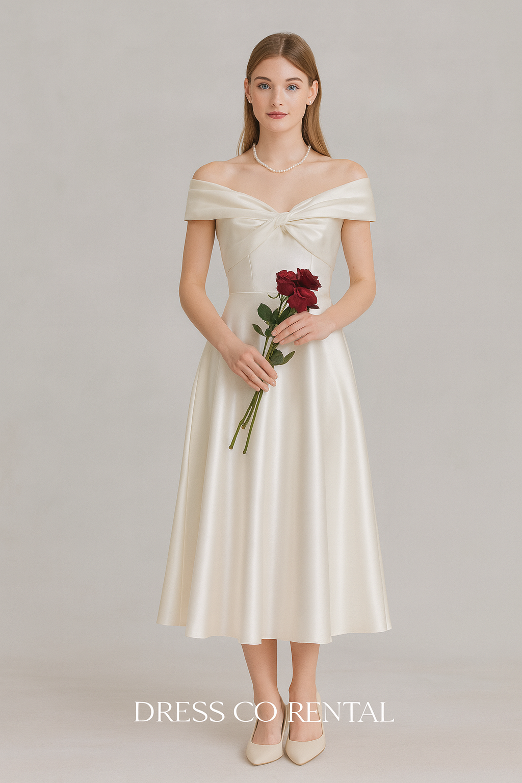 เดรสโทนออฟไวท์ เปิดไหล่ โบว์หน้า ไซส์ 3XL – ชุดราตรีให้เช่า