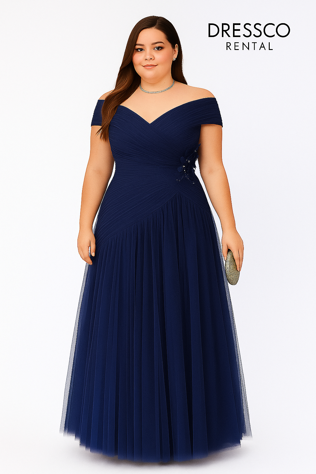 Navy Off-Shoulder Pleated Long Dress