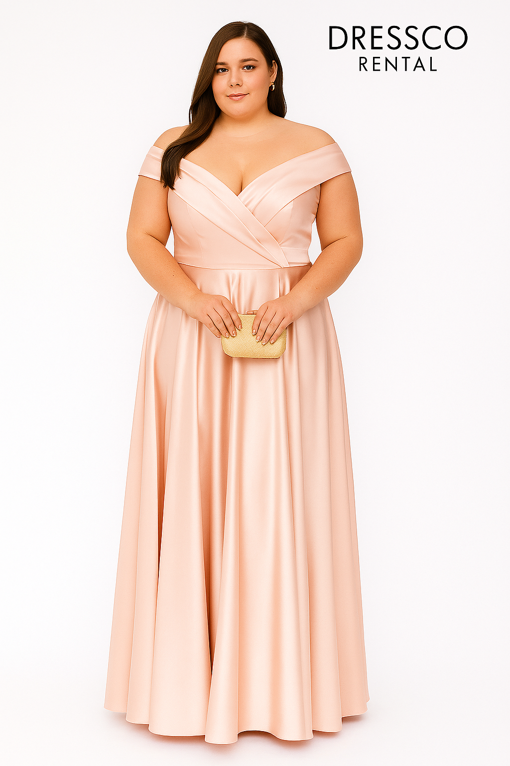 ピーチピンクのプラスサイズオフショルダーサテンイブニングドレス