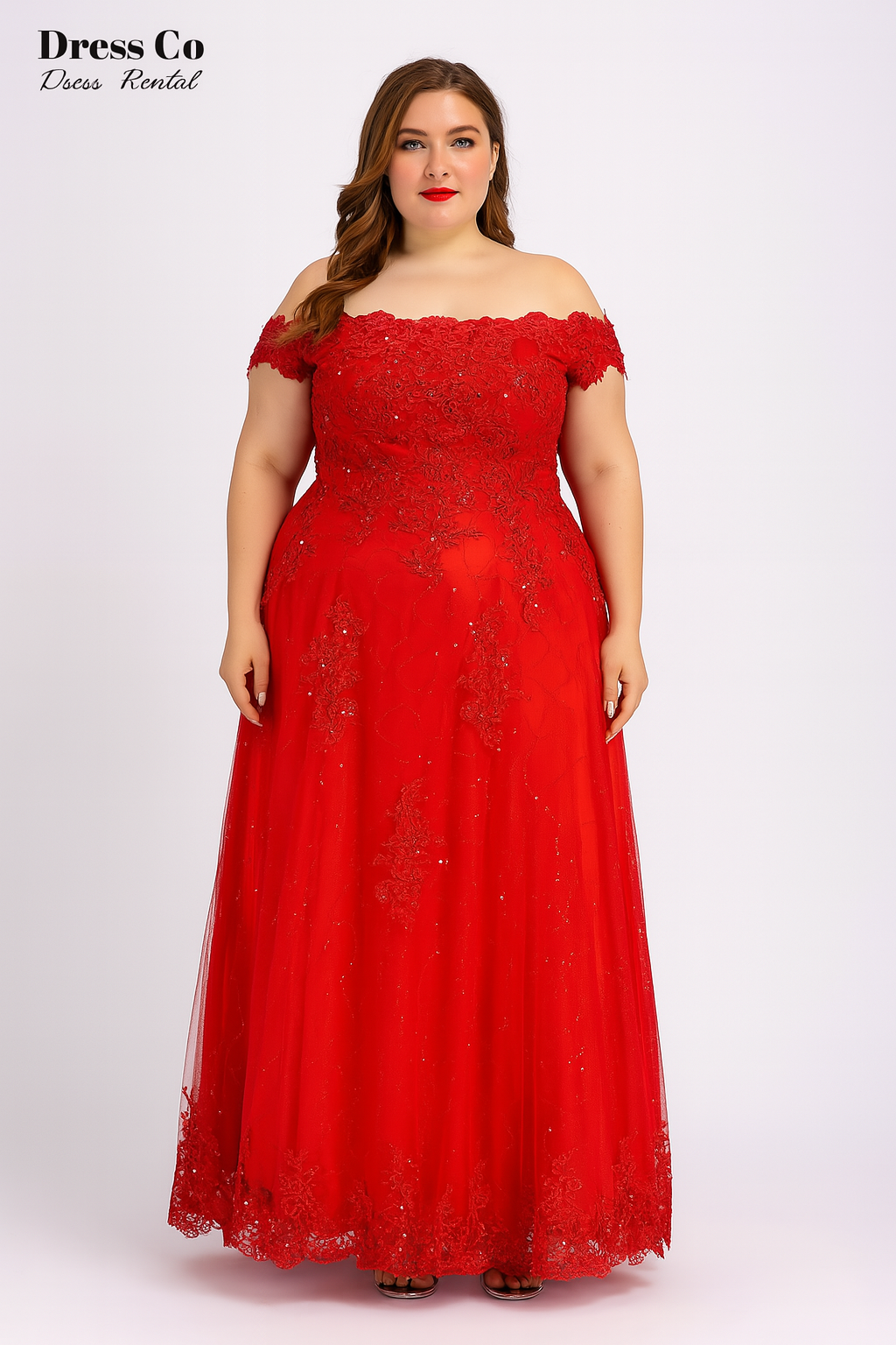 Red Off-Shoulder Embroidered Lace Long Dress