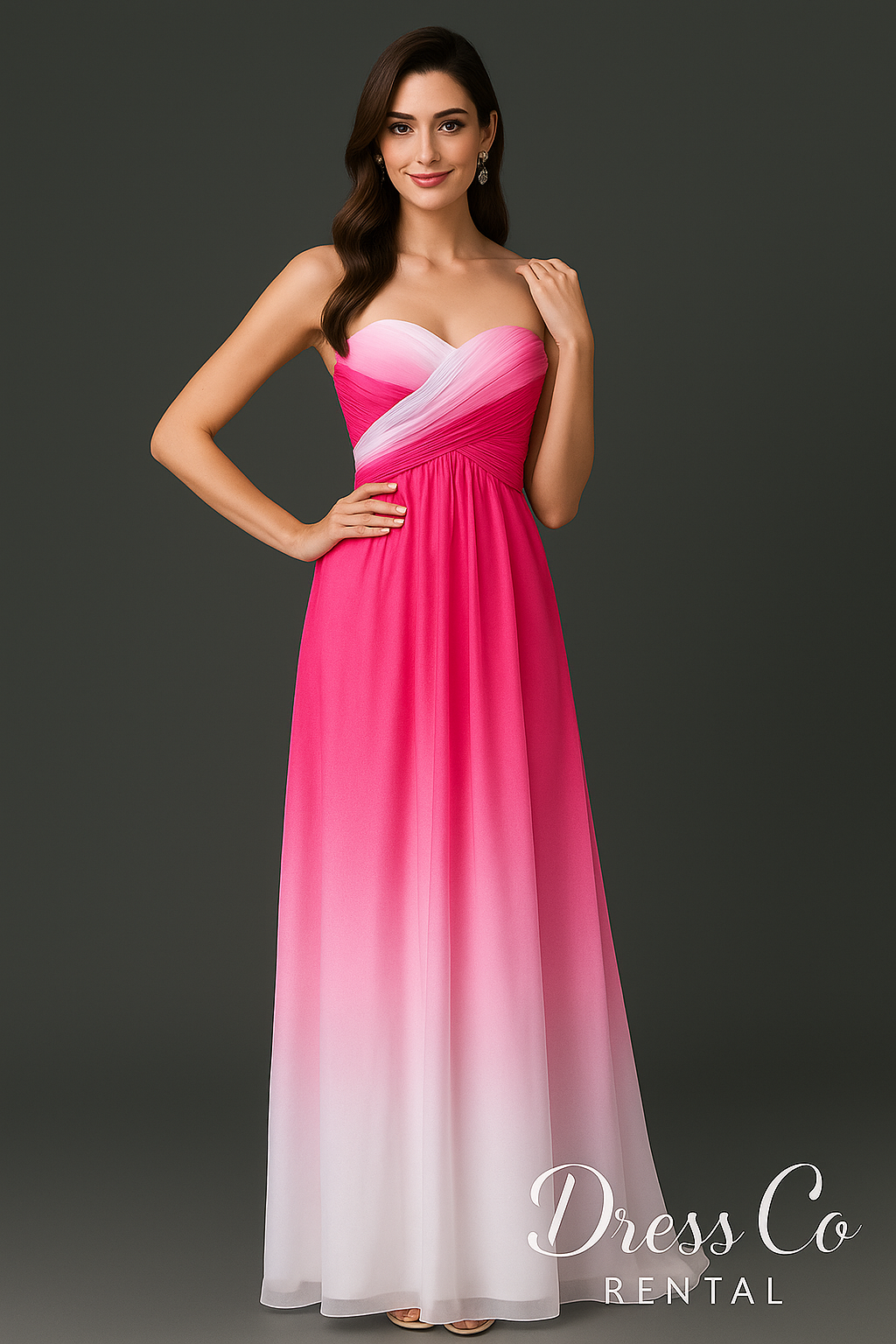 Pink gradient strapless long evening dress