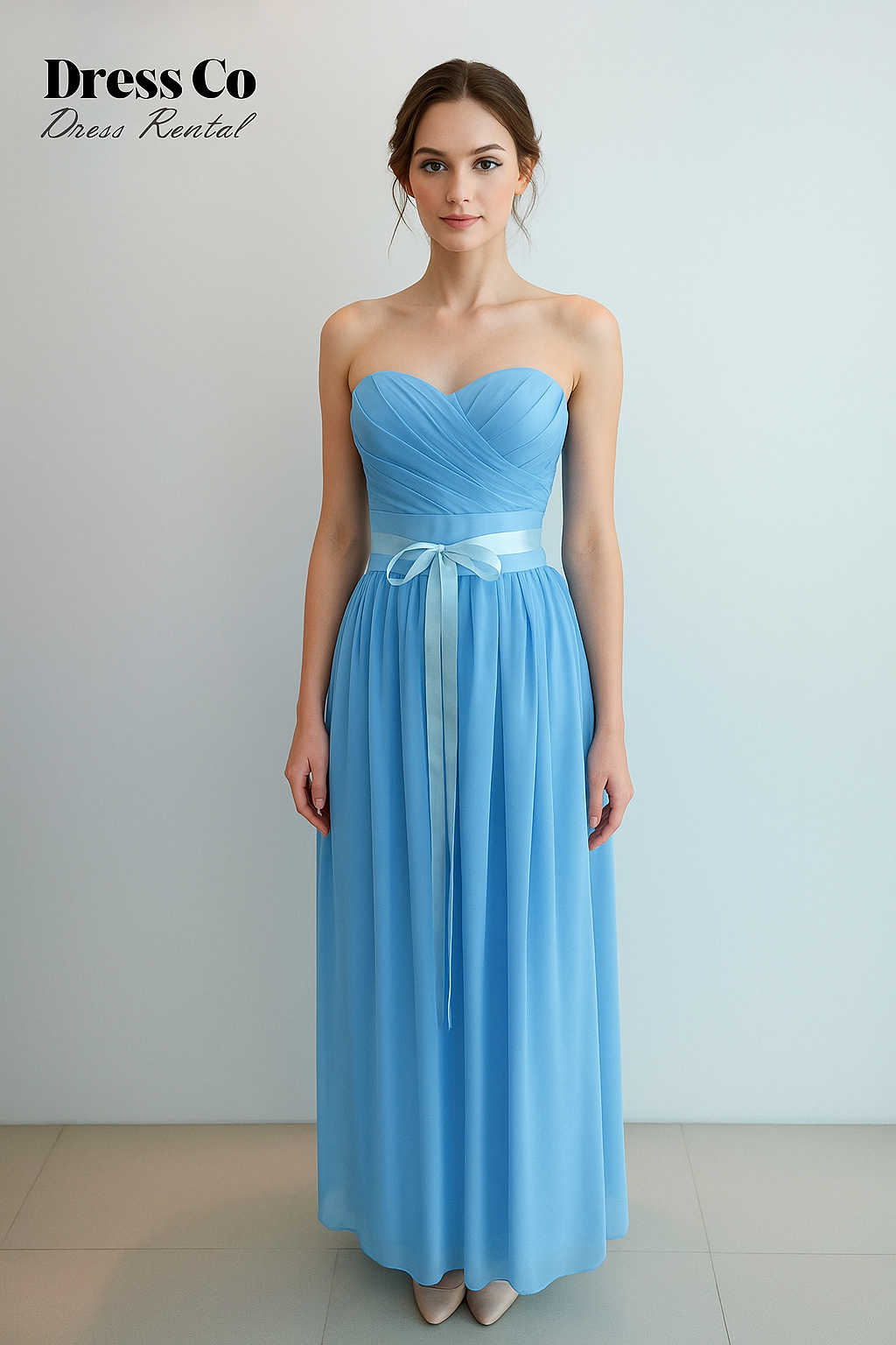 ชุดราตรีฟ้าโบว์คาดเอว | Light Blue Sweetheart Dress with Satin Bow