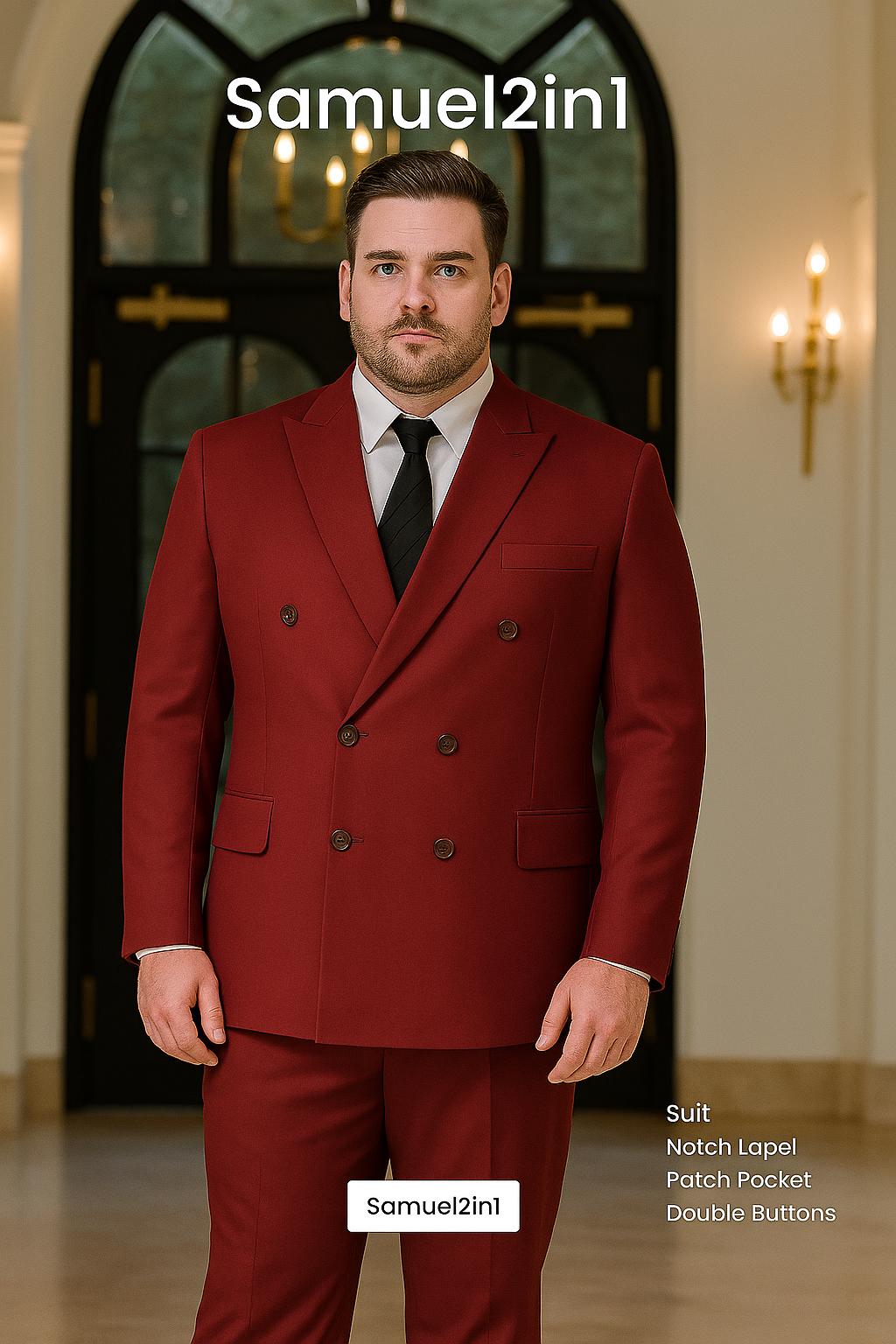 สูทเช่าตัดใหม่ สีแดงไวน์ ไซส์ใหญ่ 3XL–6XL – คอปกเรียบ กระดุมคู่ Wine Red Plus-Size Suit (3XL–6XL) – Notch Lapel, Double Breasted