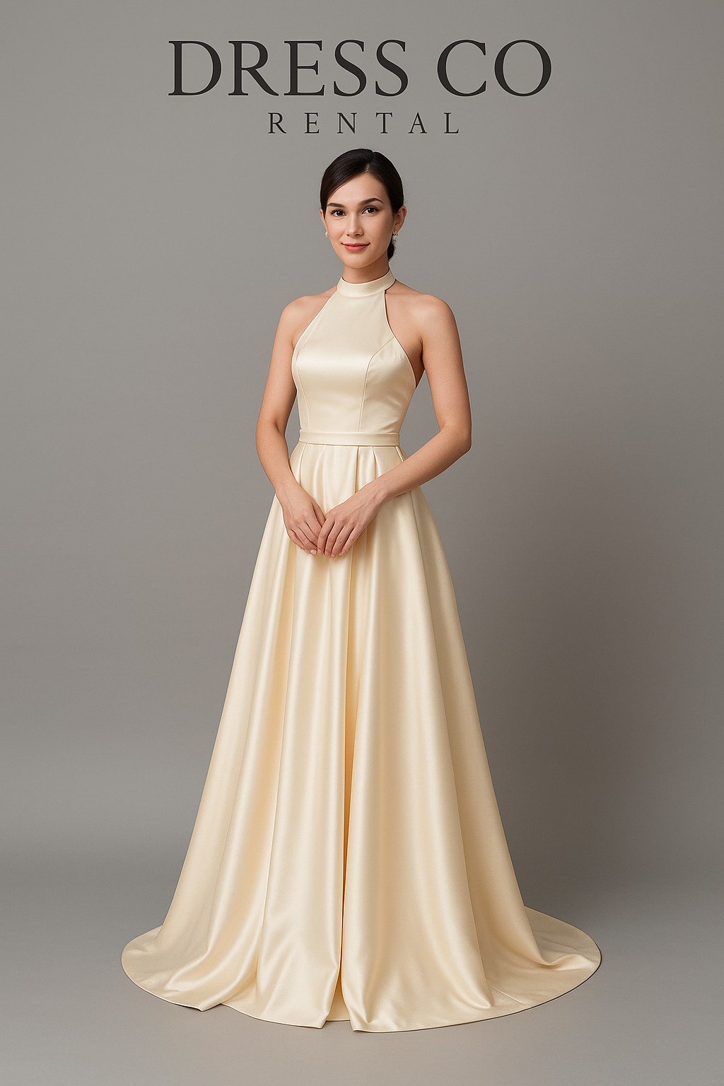Long evening dress with a halter neck, cream gold color, elegant slit at the leg
