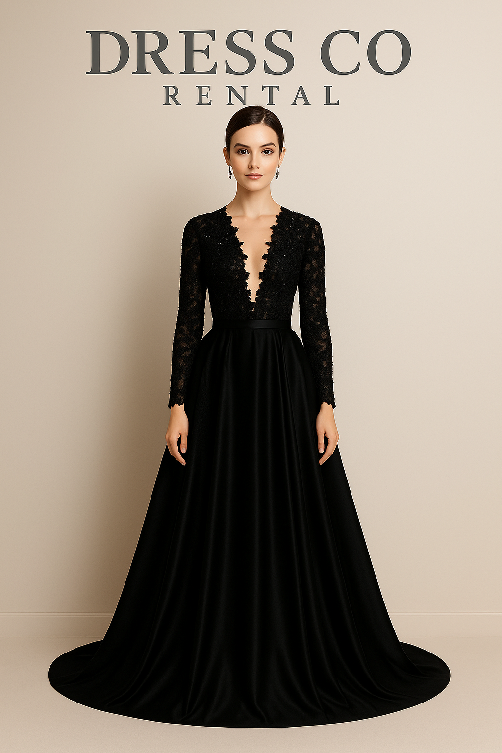 Black long evening dress, long lace sleeves, deep V-neck