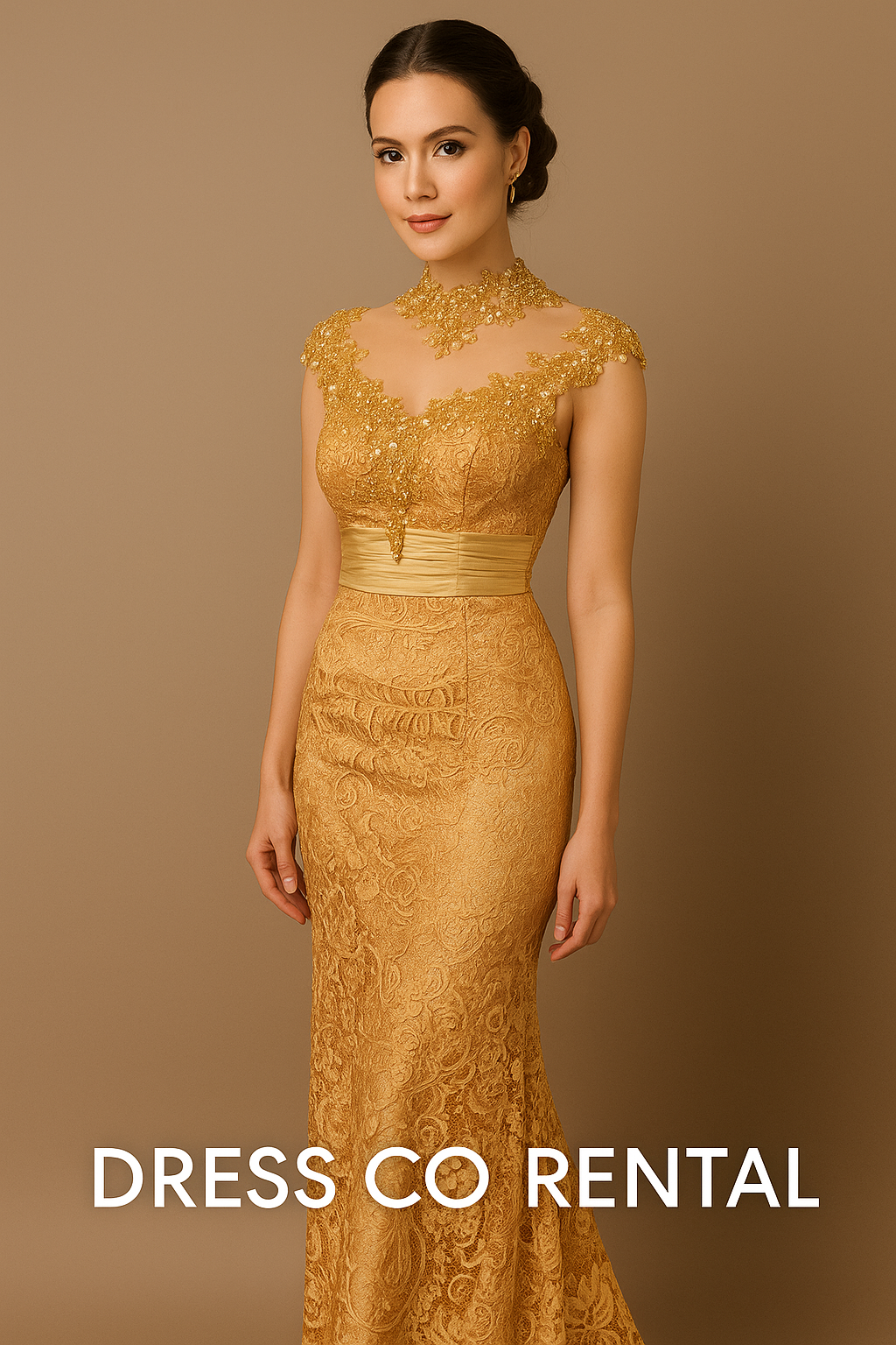 Luxurious gold lace long evening dress with a see-through collar