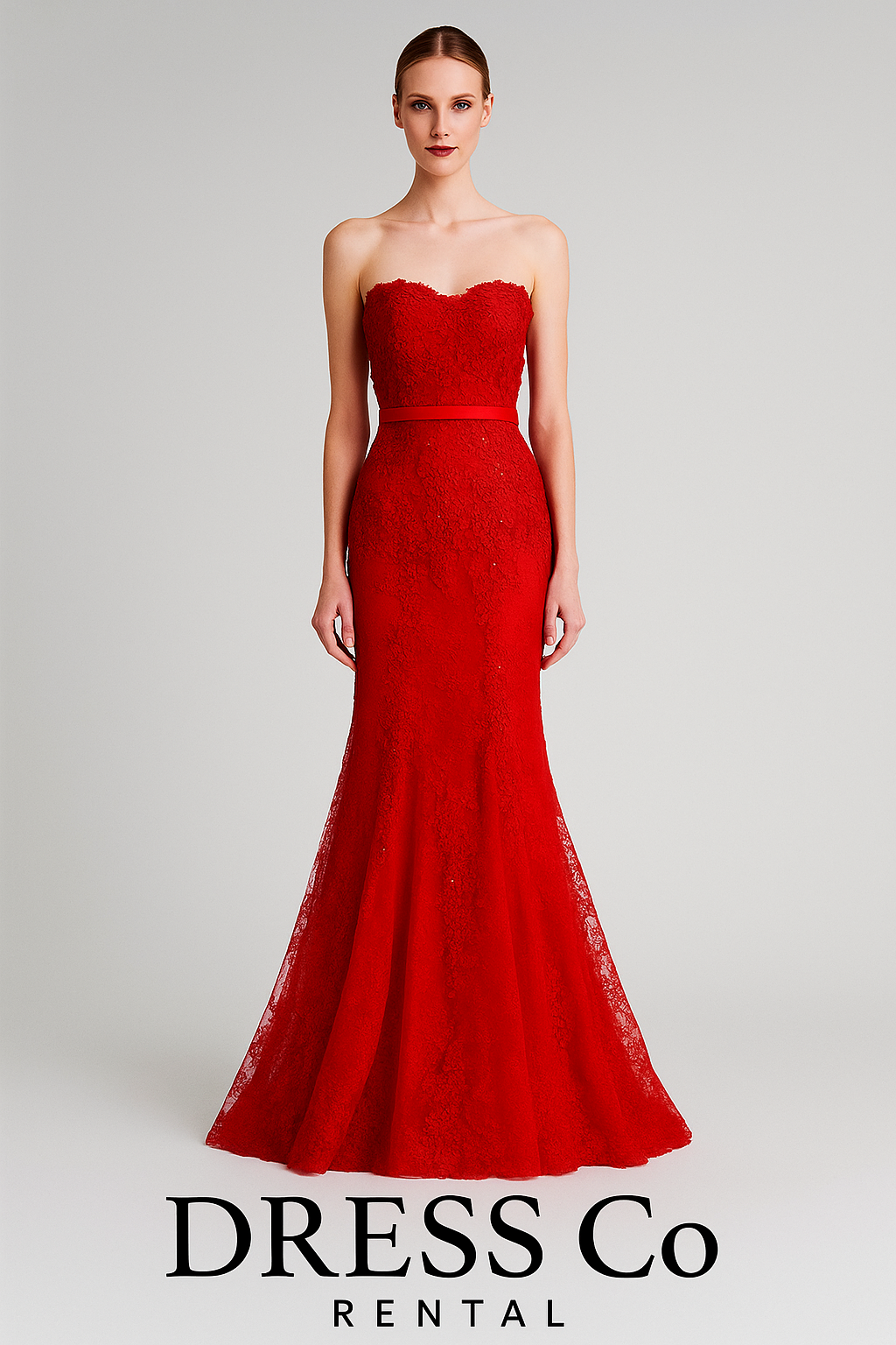 Red lace strapless fitted evening dress