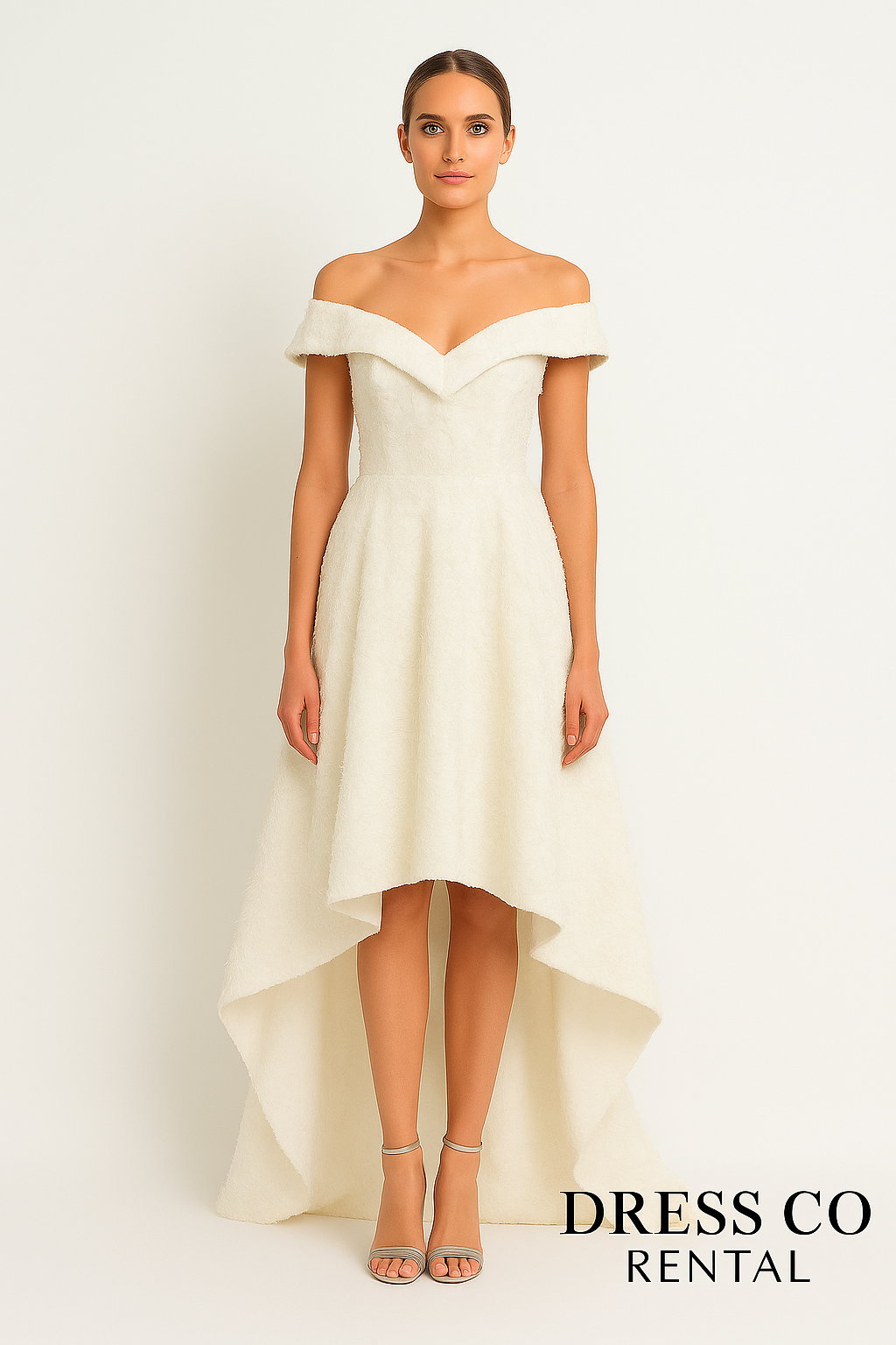 White evening dress, short in the front, long in the back, luxurious off-shoulder