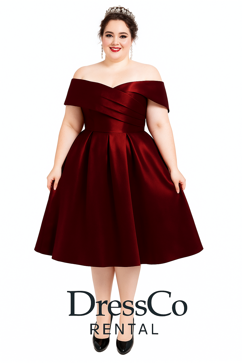 เดรสสั้นเปิดไหล่ สีแดงเบอร์กันดี / Burgundy Off-Shoulder Short Dress