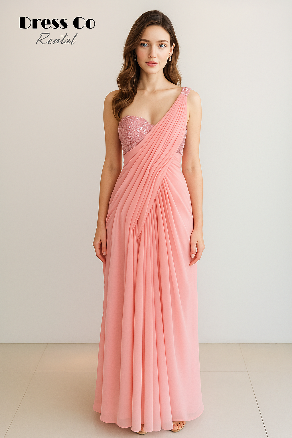 Pink Draped One-Shoulder Gown | Pink one-shoulder long evening gown, flowing chiffon fabric