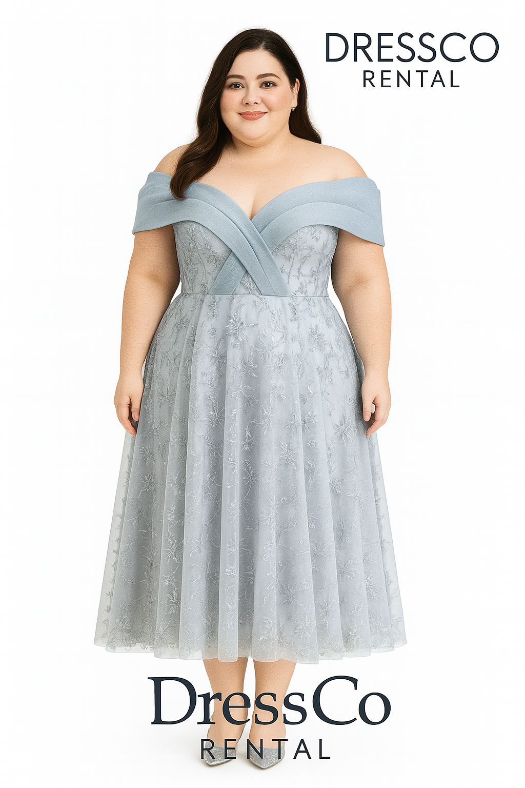 เดรสเปิดไหล่ลูกไม้สีฟ้าอ่อน / Light Blue Off-Shoulder Lace Dress